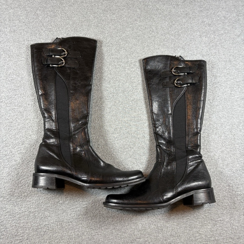Paul Green Black Leather Knee High Riding Boots Buckle Zip Austria Womens 7.5
